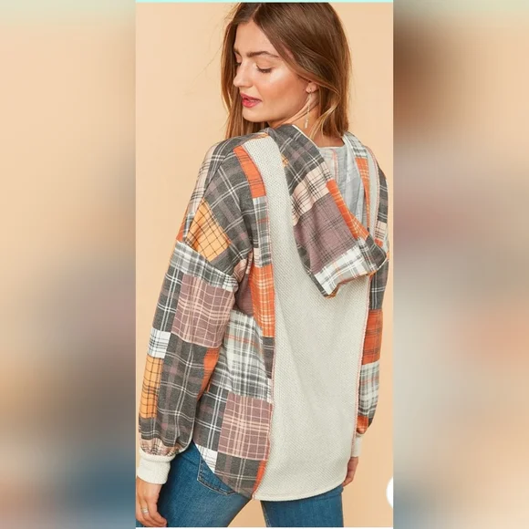 Plus Rust Charcoal & Oatmeal Plaid Patchwork Waffle Color Block Hoodie - Picture 5 of 5